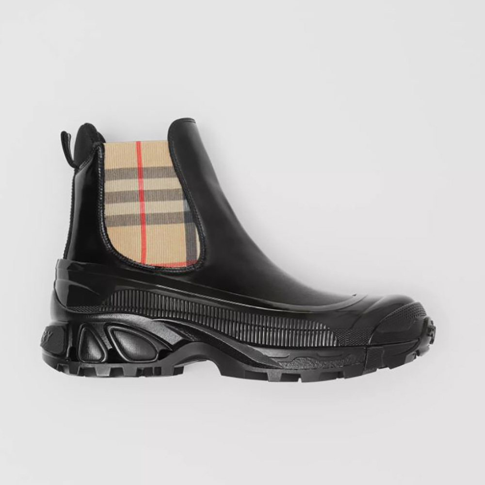 Side view of Burberry Women Vintage Check Detail Coated Canvas Chelsea Boots-Black