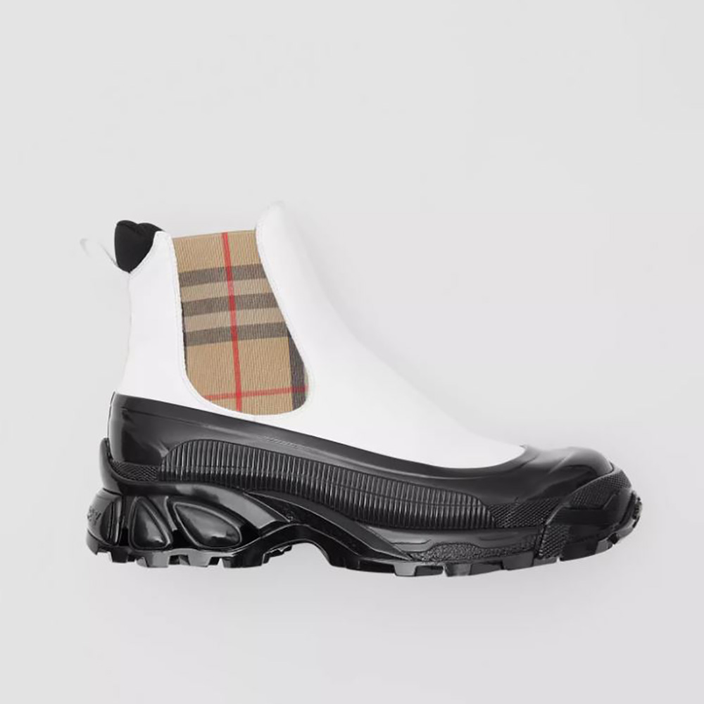 Side profile of Burberry Women Vintage Check Detail Coated Canvas Chelsea Boots-White