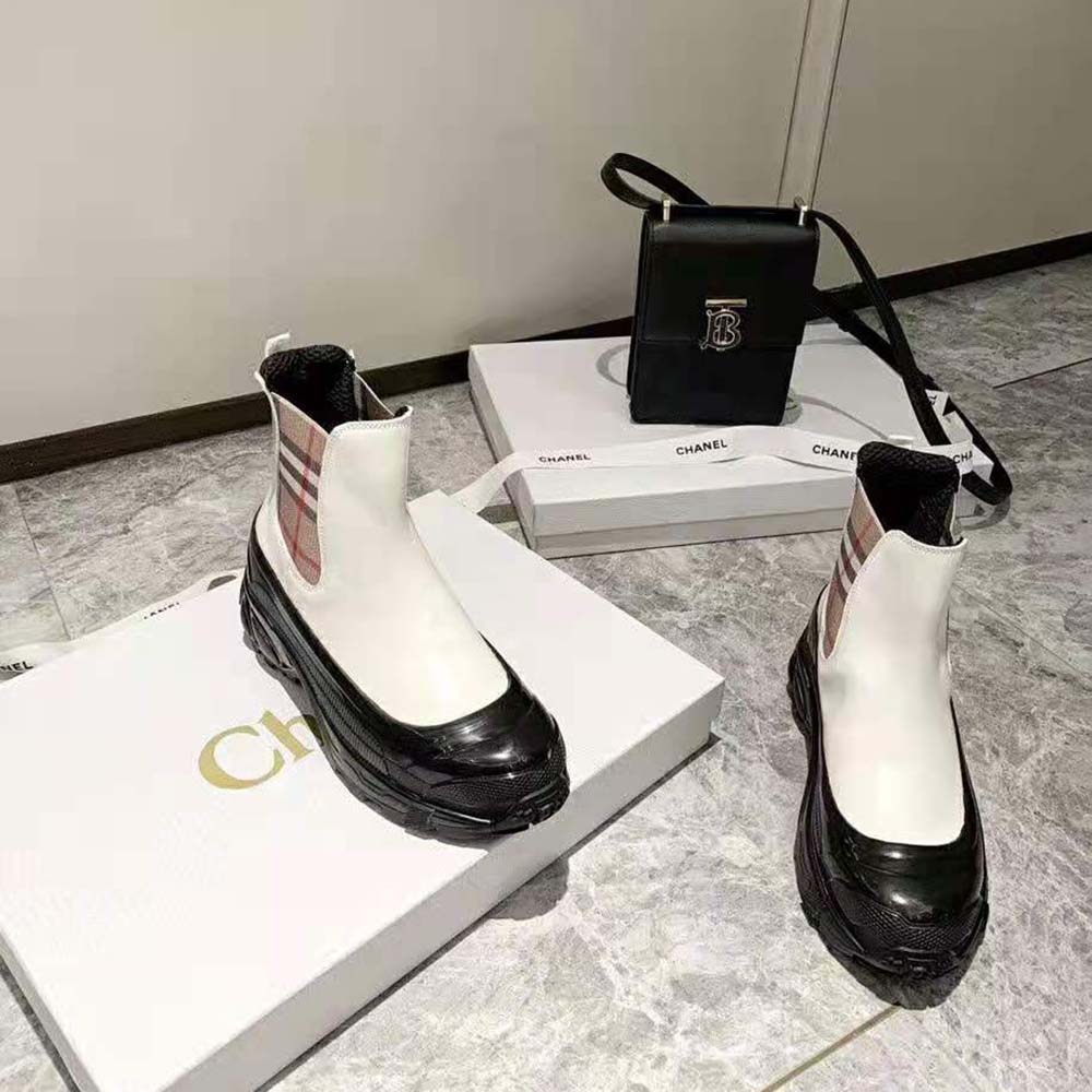 Burberry Women Vintage Check Detail Coated Canvas Chelsea Boots-White - image 6