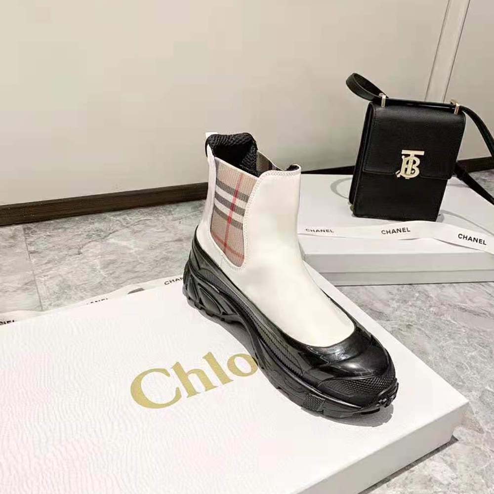 Burberry Women Vintage Check Detail Coated Canvas Chelsea Boots-White - image 9