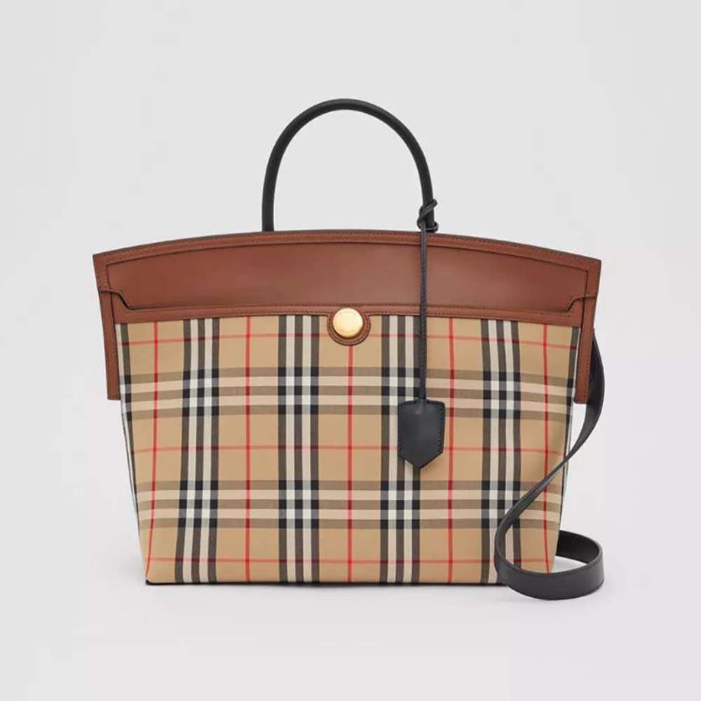 Front view of Burberry Women Vintage Check and Leather Society Top Handle Bag