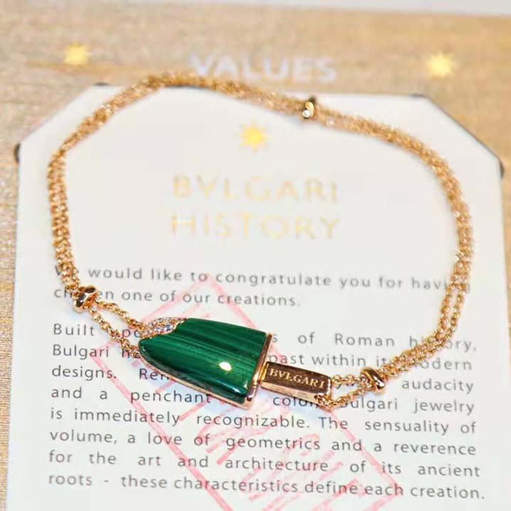 Side angle showing soft rose gold silhouette of Bvlgari bracelet
