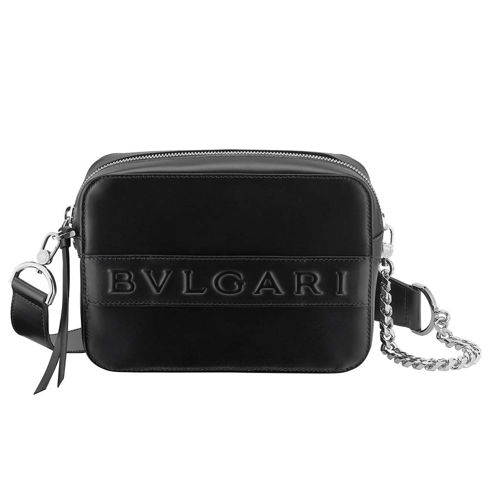 Front view of Bvlgari Women Bvlgari Logo Camera Bag in Black calf leather