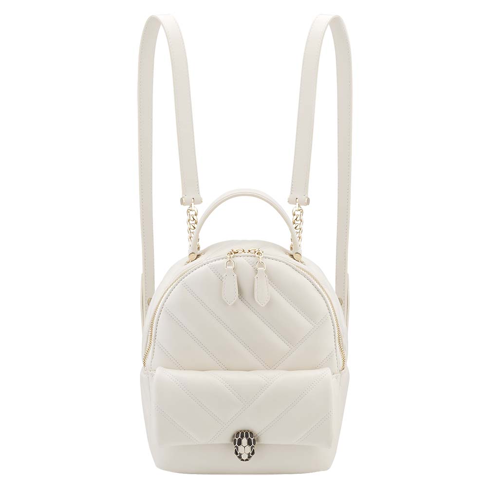 Front view of Bvlgari Women Serpenti Cabochon Backpack in White Agate Calf Leather