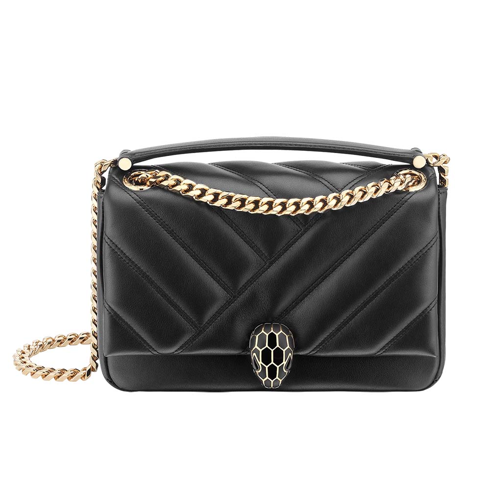 Front view of Bvlgari Women Serpenti Cabochon Shoulder Bag-Black showing signature clasp