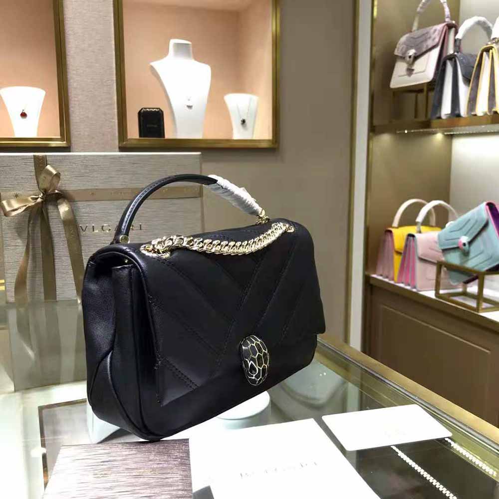 Side profile of Bvlgari Women Serpenti Cabochon Shoulder Bag-Black highlighting smooth leather
