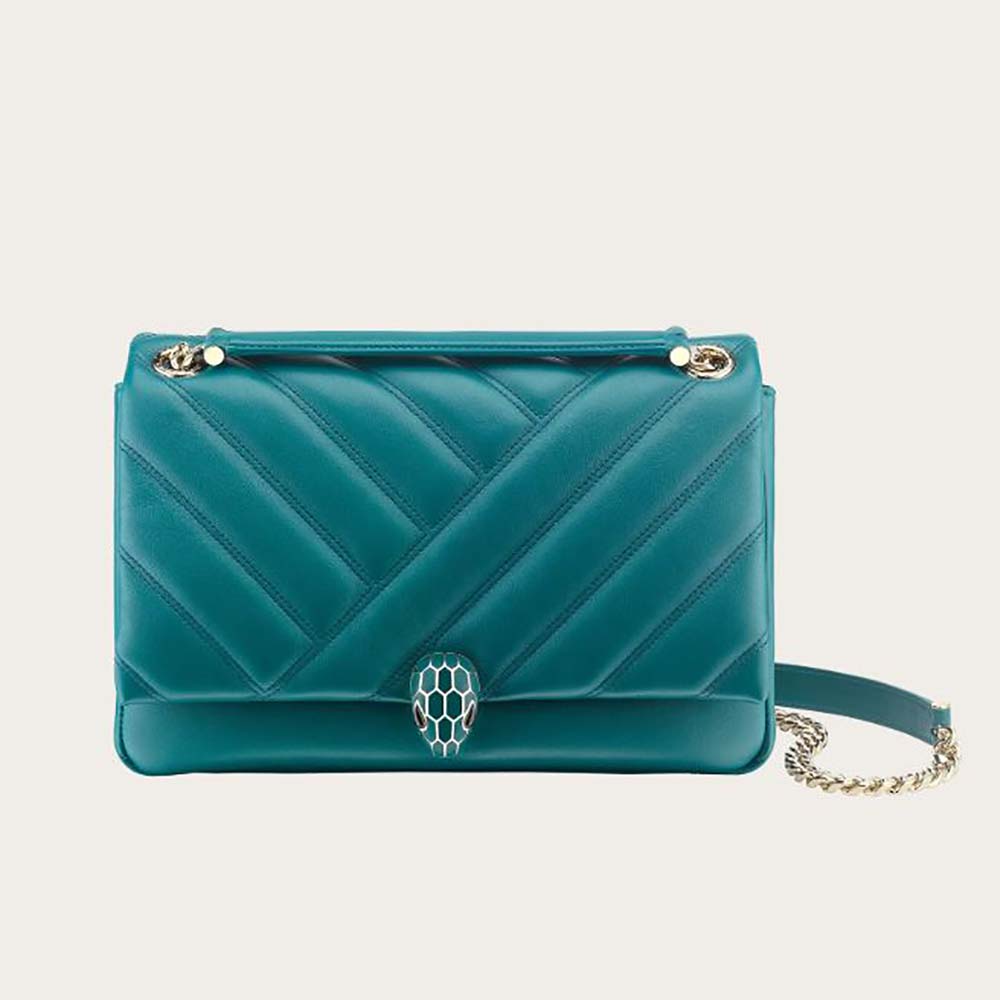 Front view of Bvlgari Women Serpenti Cabochon Shoulder Bag-Green with snakehead clasp