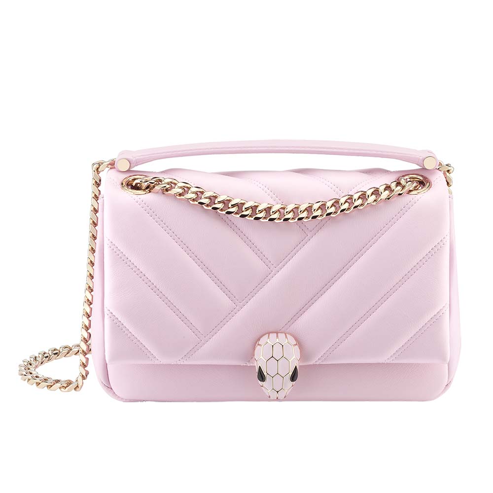 Front view of Bvlgari Women Serpenti Cabochon Shoulder Bag-Pink showcasing cabochon clasp
