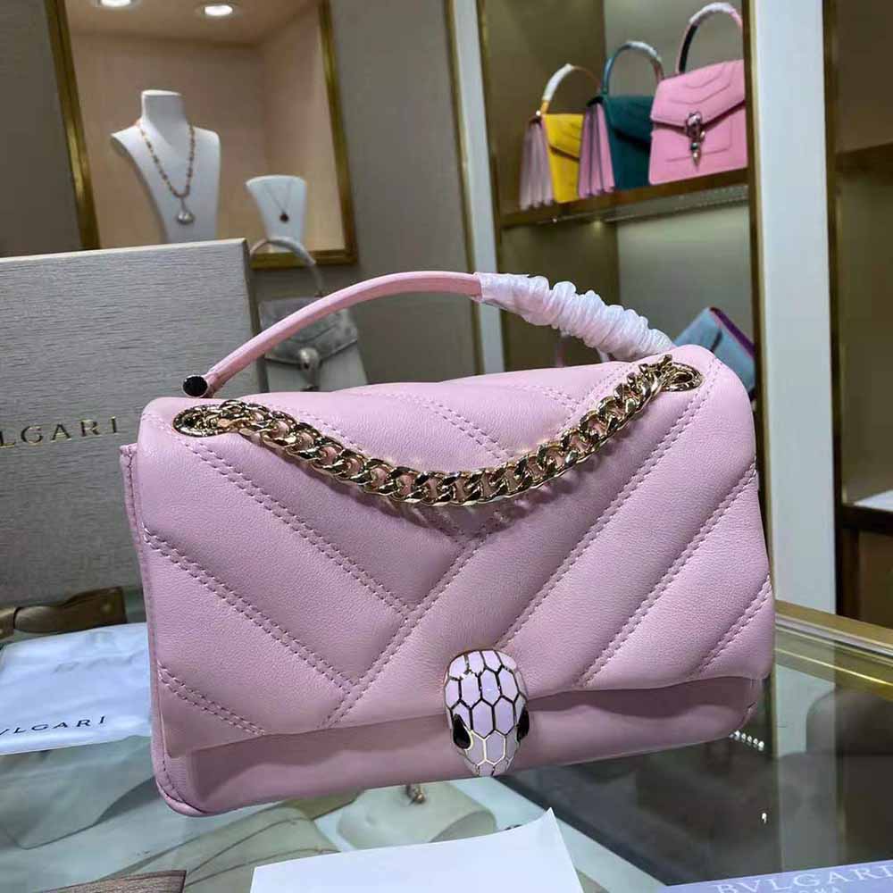 Side profile of Bvlgari Women Serpenti Cabochon Shoulder Bag-Pink with adjustable strap