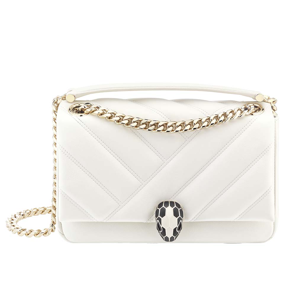 Front view of Bvlgari Women Serpenti Cabochon Shoulder Bag-White with gold serpent clasp