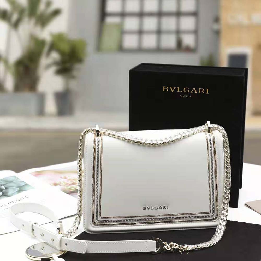 Side angle showcasing diamond blast texture on Bvlgari Women Serpenti Diamond Blast Shoulder Bag-White