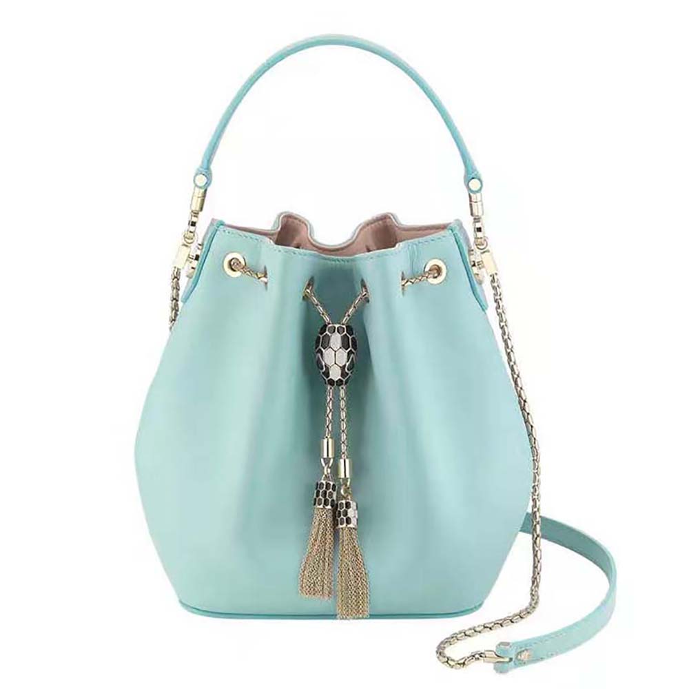 Front view of Bvlgari Women Serpenti Forever Bucket Bag-Aqua with snakehead clasp