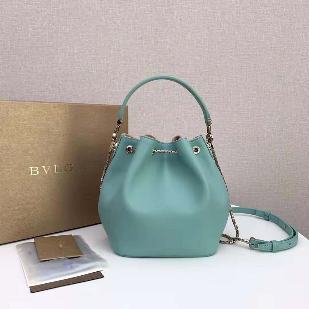 Side angle showing adjustable strap and aqua leather texture of Bvlgari Women Serpenti Forever Bucket Bag-Aqua
