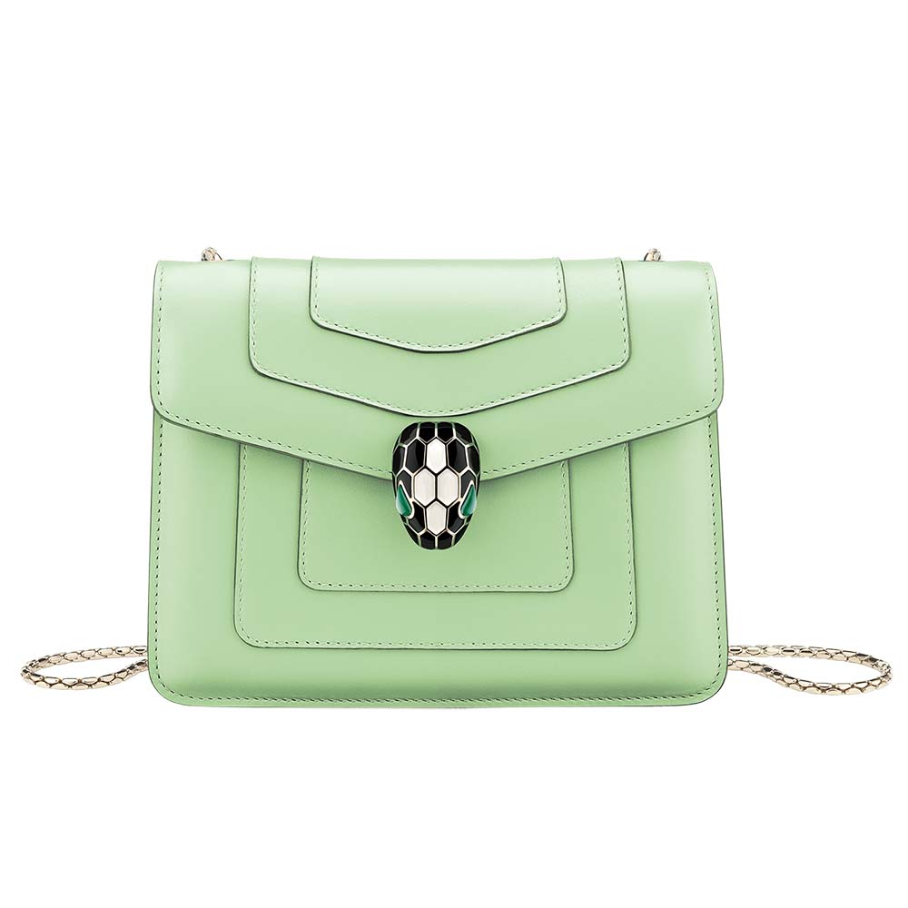 Front view of Bvlgari Women Serpenti Forever Crossbody Bag-Green highlighting clasp