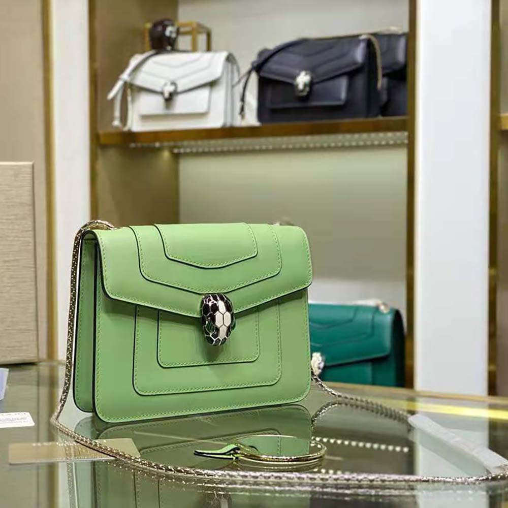 Side angle showing smooth green leather and adjustable strap of Bvlgari Women Serpenti Forever Crossbody Bag-Green