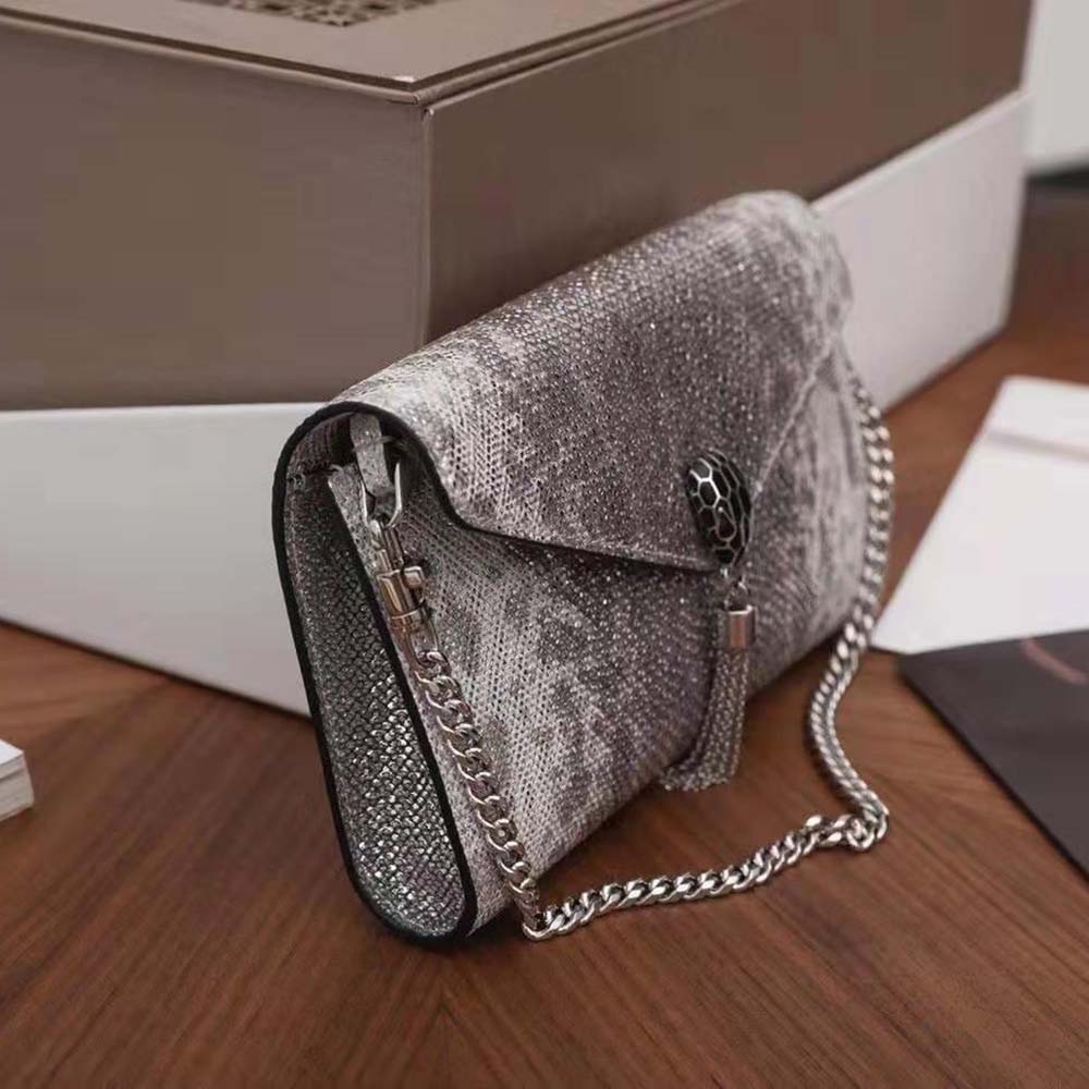 Side angle showing slim profile of Bvlgari Women Serpenti Forever Pochette