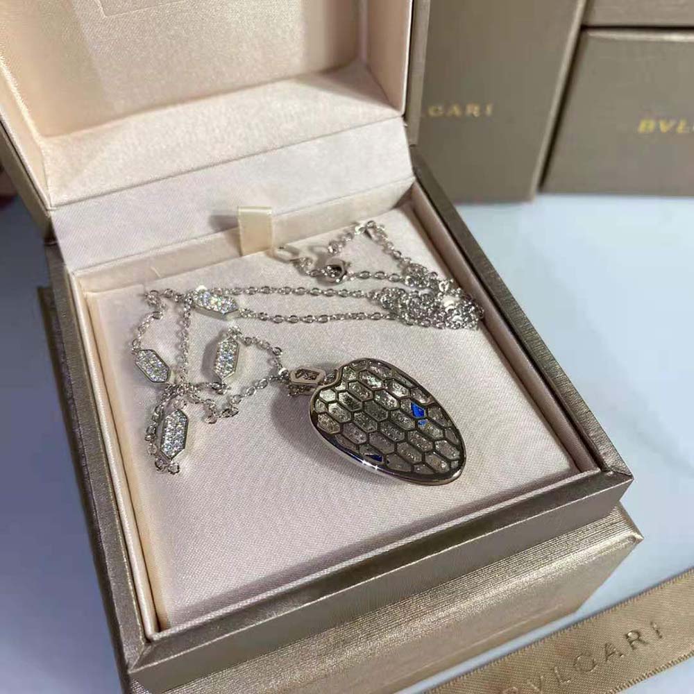 Side view of Bvlgari Women Serpenti Necklace highlighting polished white gold