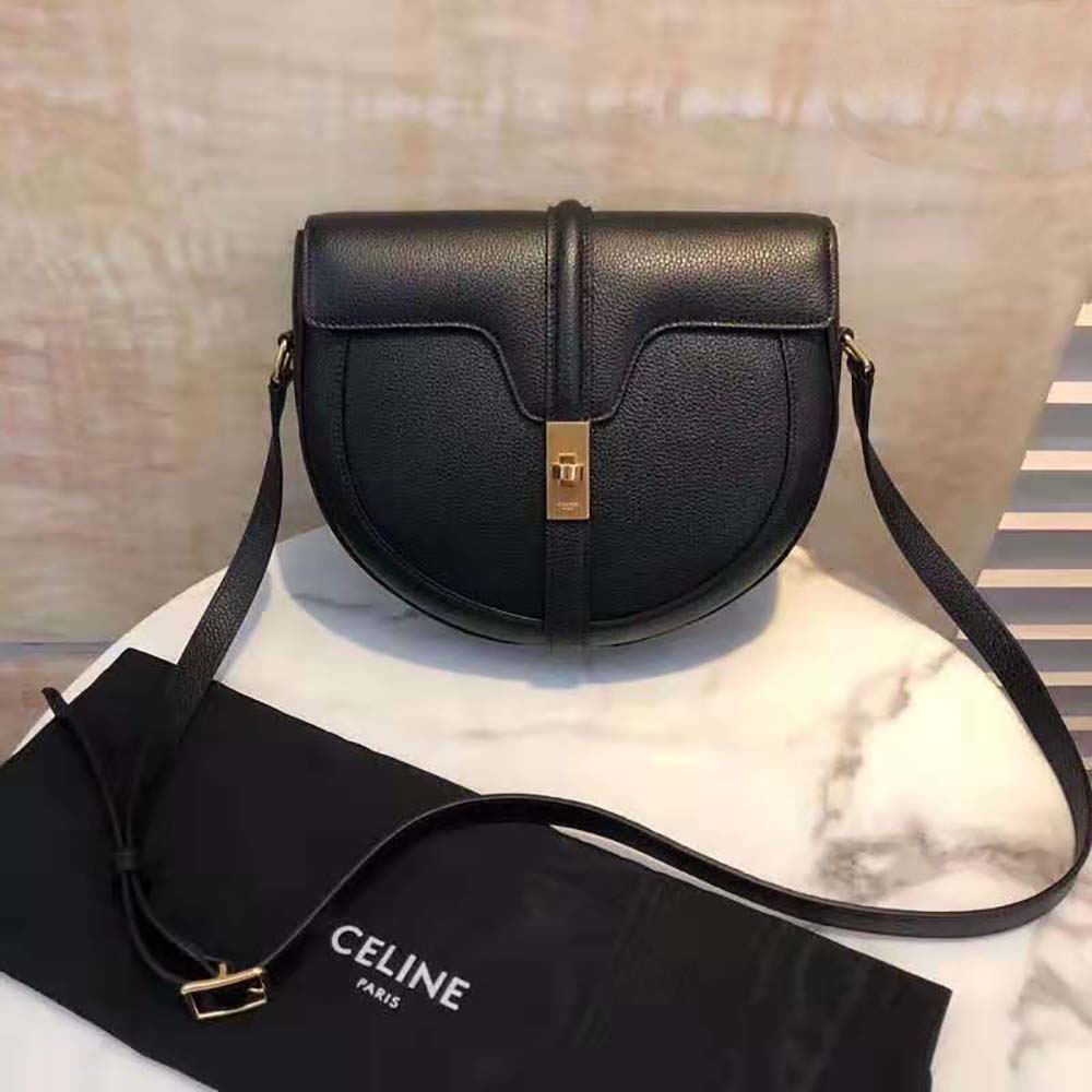 Close-up of silver-tone hardware on Celine Women Besace 16 in Grained Calfskin-Black