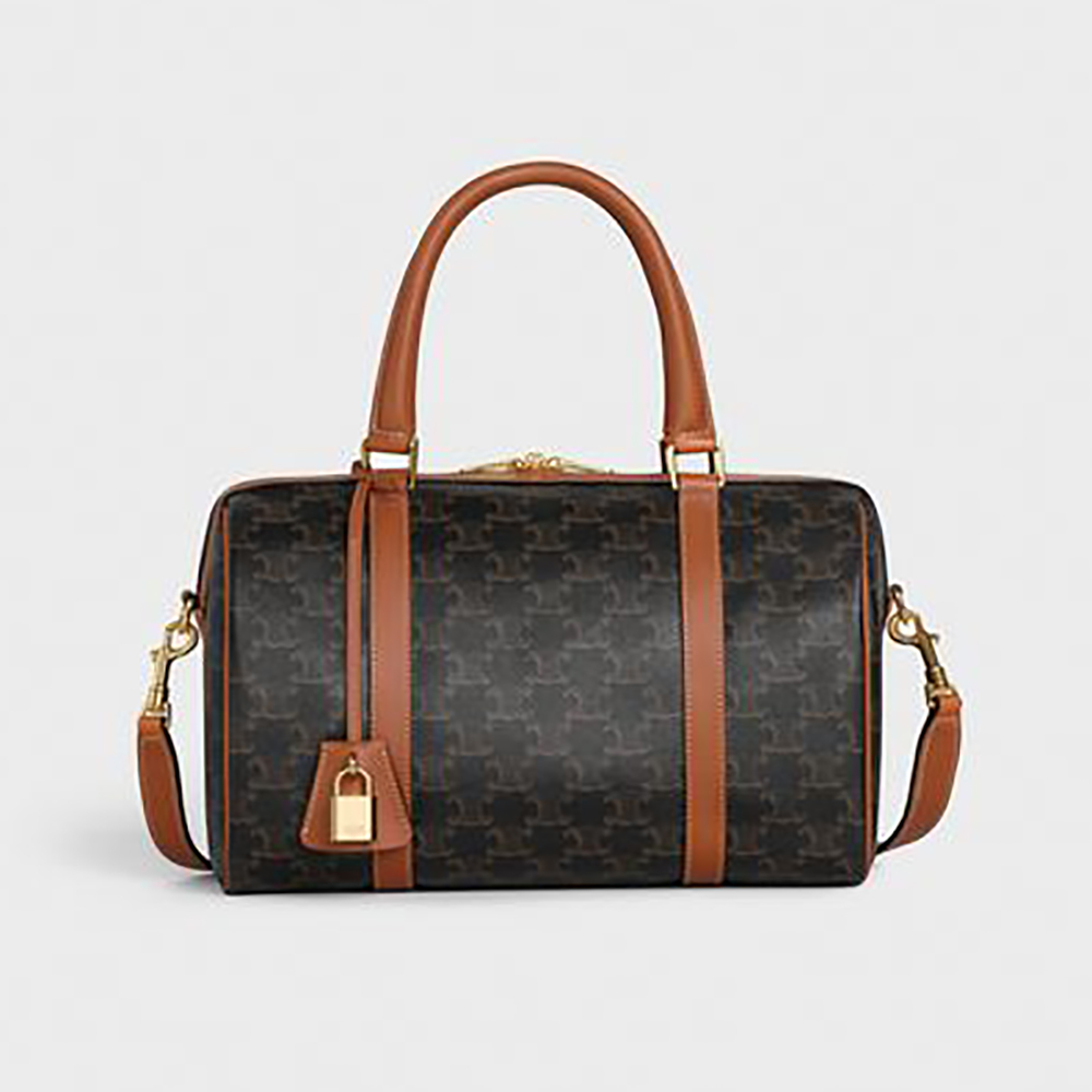 Front view of Celine Women Boston Bag in Triomphe Canvas-Brown
