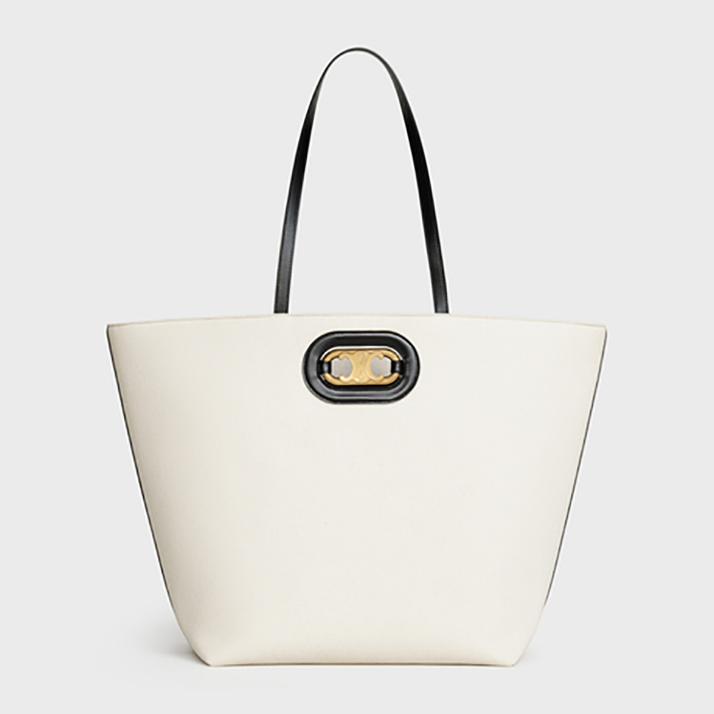 Front view of Celine Women Cabas Maillon Triomphe in white textile and calfskin