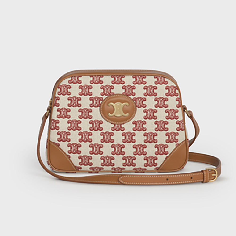 Front view of Celine Women Camera Bag in brown textile with Triomphe embroidery