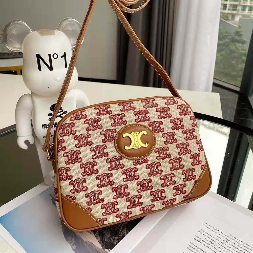 Close-up of Triomphe embroidery detail on Celine Women Camera Bag