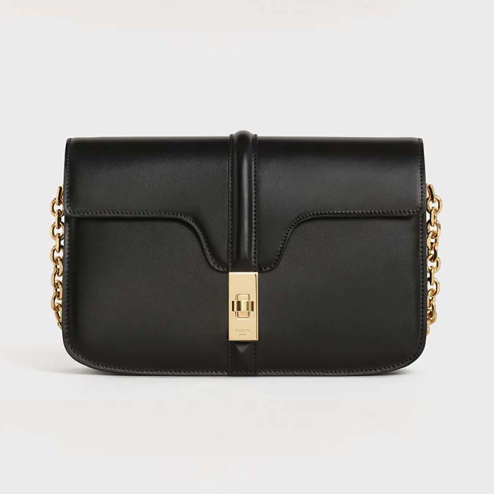 Front view of Celine Women Chain Bag 16 in Satinated Calfskin-Black