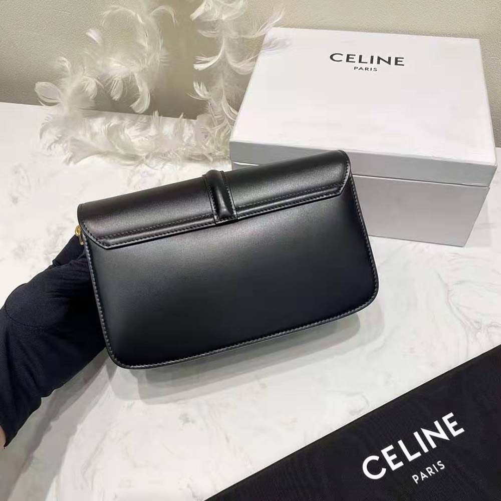 Side profile showing silhouette of Celine Women Chain Bag 16 in black leather