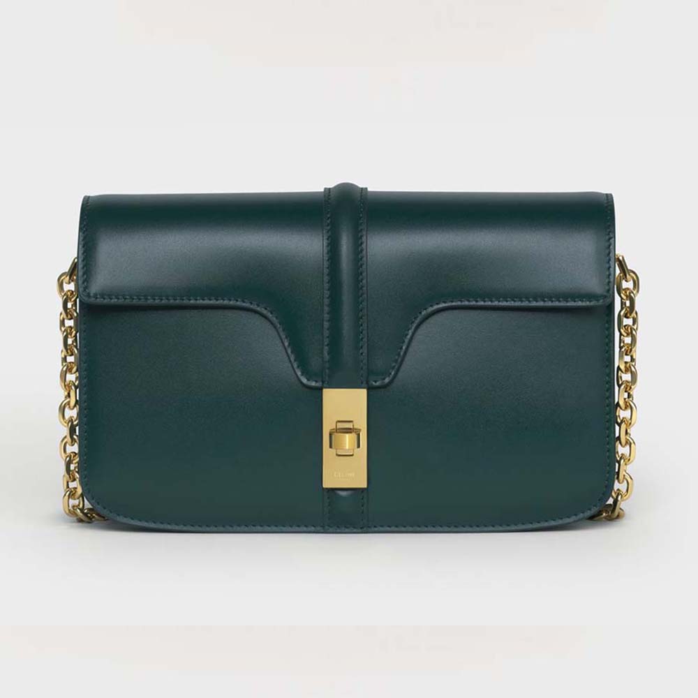 Front view of Celine Women Chain Bag 16 in satinated green calfskin