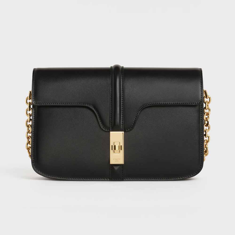 Front view of Celine Women Chain Bag 16 in Satinated Calfskin-Black