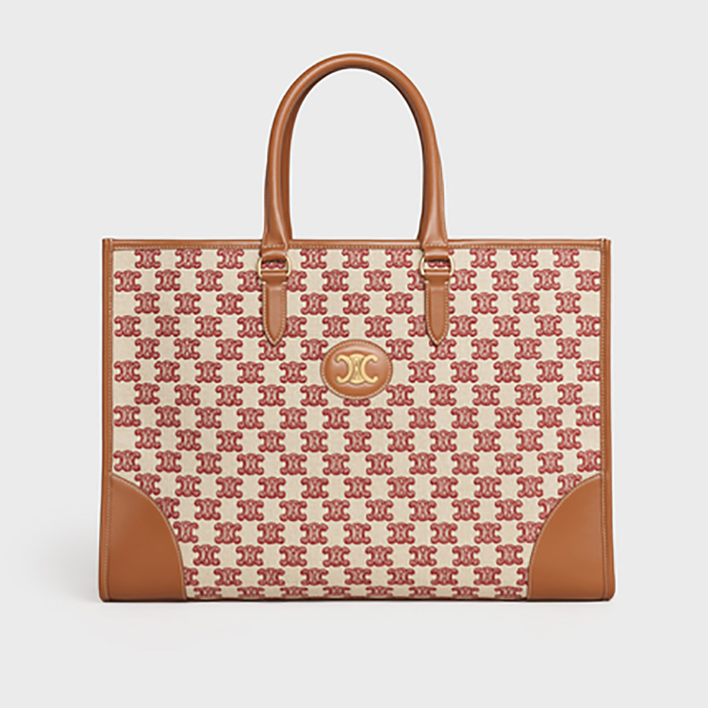 Front view of Celine Women Horizontal Cabas with Triomphe Embroidery in orange