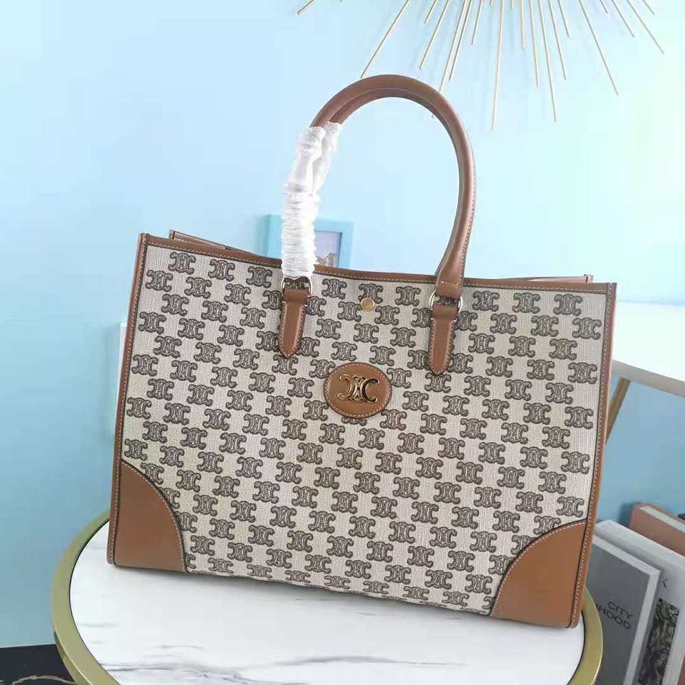 Close-up of Triomphe embroidery detail on Celine brown cabas