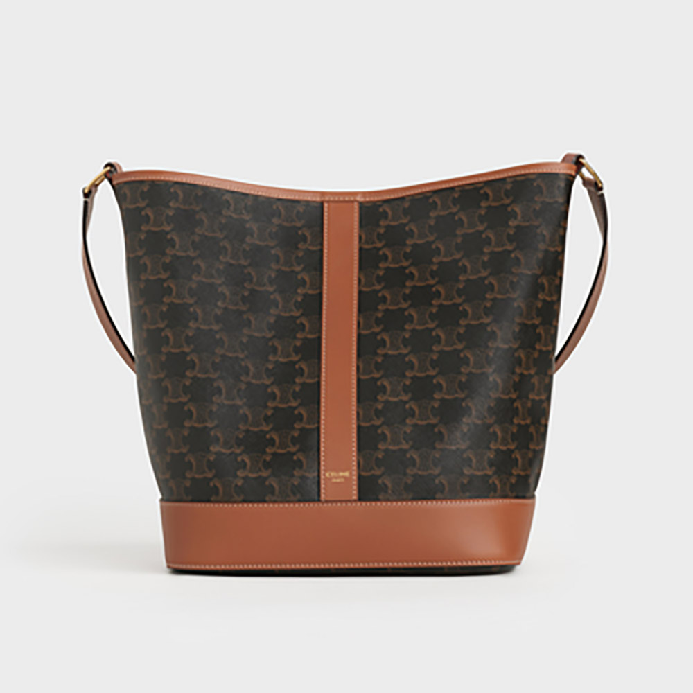 Front angle of Celine Women Medium Bucket in Triomphe Canvas-Brown