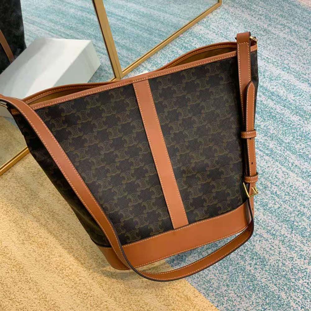 Close-up of gold hardware on Celine Women Medium Bucket in Triomphe Canvas-Brown