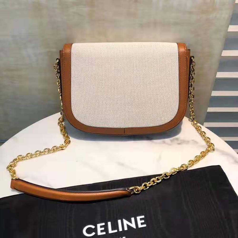 Side angle showing textile and calfskin contrast on Celine Medium Bag