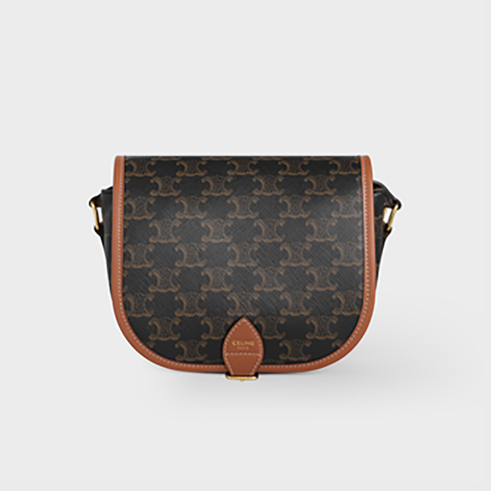 Front view of Celine Women Medium Folco Bag in Triomphe Canvas brown