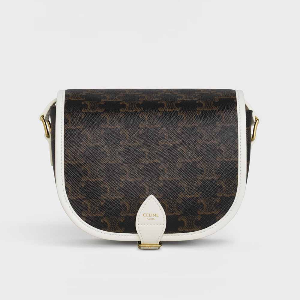 Front view of Celine Women Medium Folco Bag in Triomphe Canvas-White