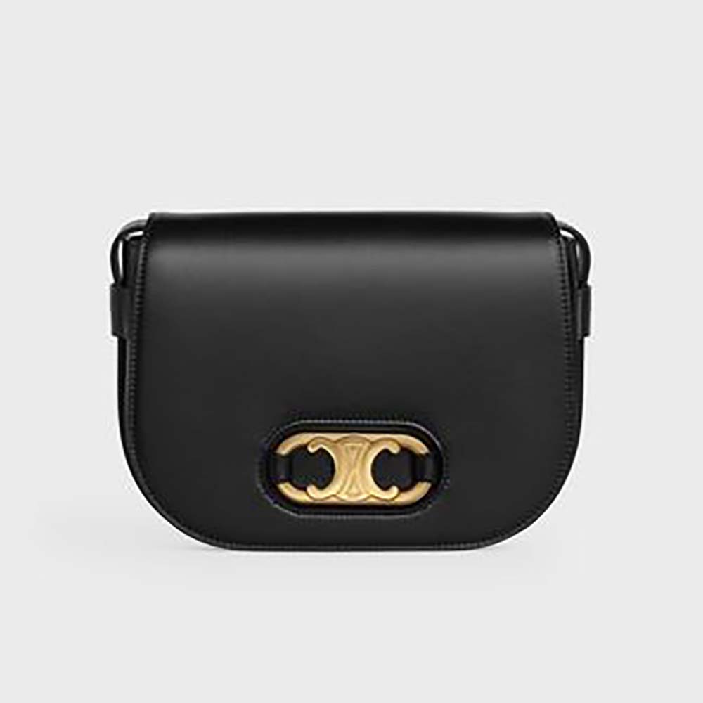 Front view of Celine Women Medium Maillon Triomphe Bag in black calfskin