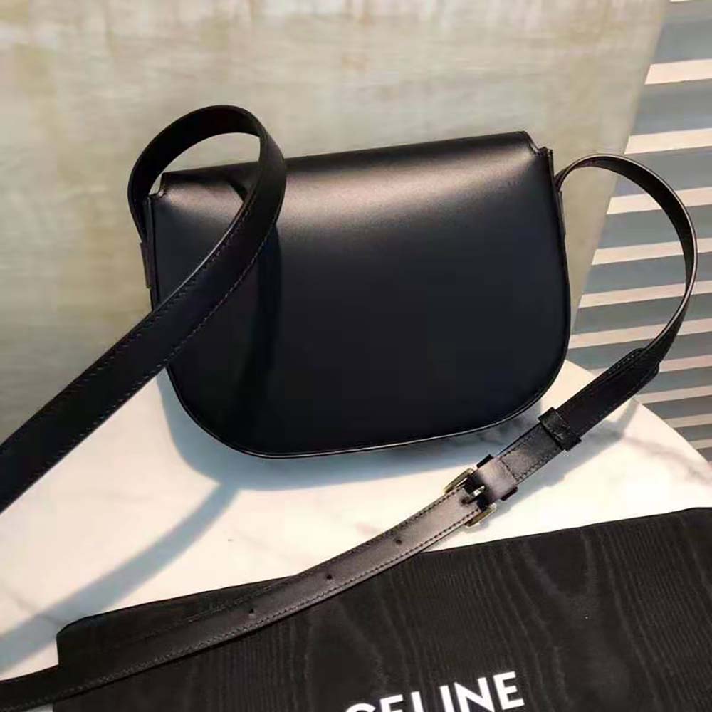 Side angle showing medium size and strap of Celine Maillon Triomphe Bag