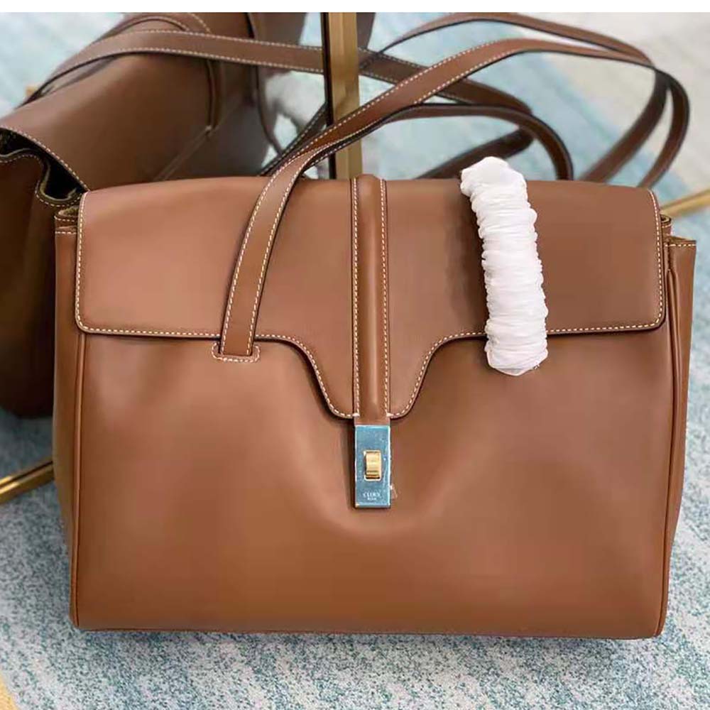 Close-up of gold-tone clasp and smooth leather on Celine Soft 16 Bag