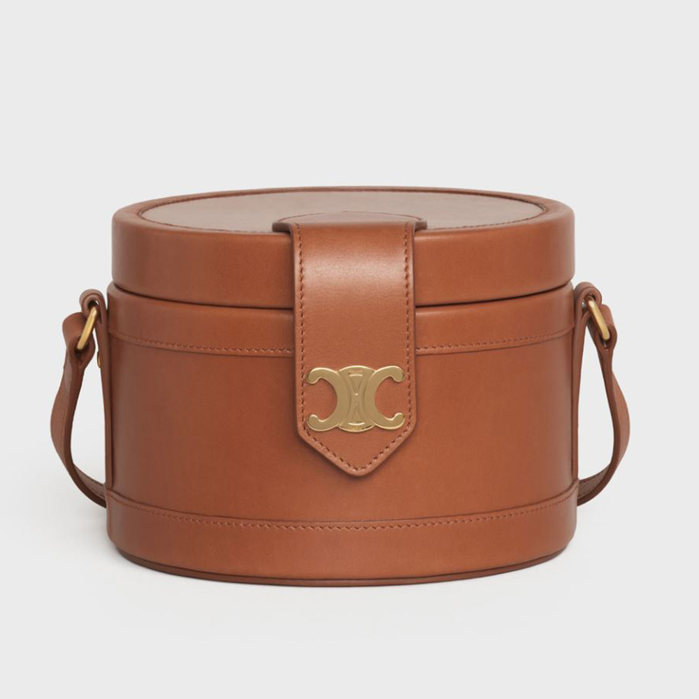 Front view of Celine Women Medium Tambour Bag in Smooth Calfskin-Brown