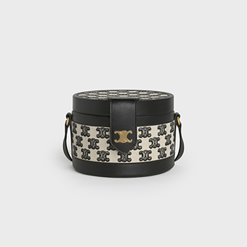 Front view of Celine Women Medium Tambour Bag with Triomphe embroidery