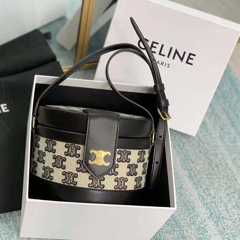 Close-up detail of embroidery and gold hardware on Celine Medium Tambour Bag