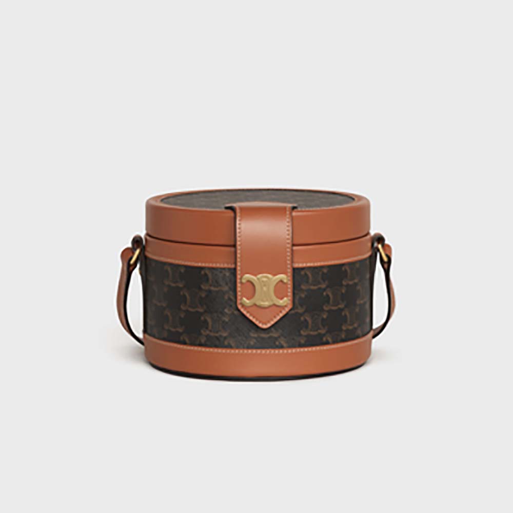 Front view of Celine Women Medium Tambour Bag in brown Triomphe canvas