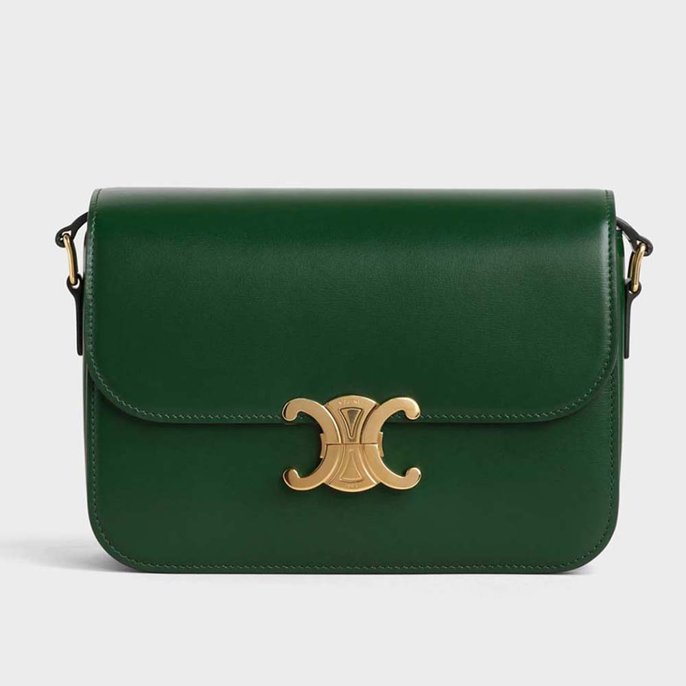 Celine Women Medium Triomphe Bag in Shiny Calfskin-Green