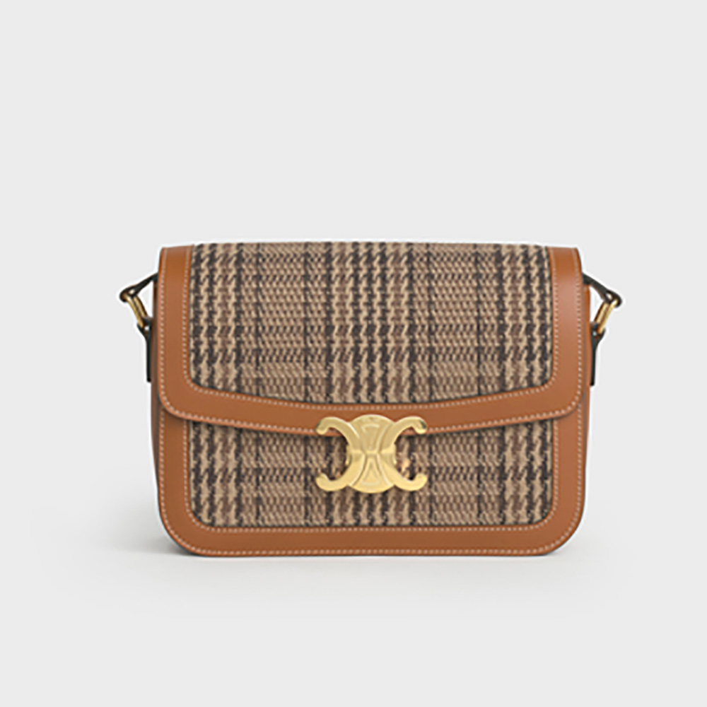 Front view of Celine Women Medium Triomphe Bag in brown textile and calfskin