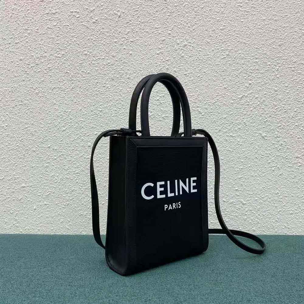 Side angle showing silhouette and Celine print on Mini Vertical Cabas Celine