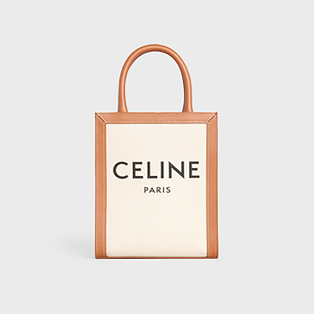 Front view of Celine Women Mini Vertical Cabas Celine in Textile with white calfskin