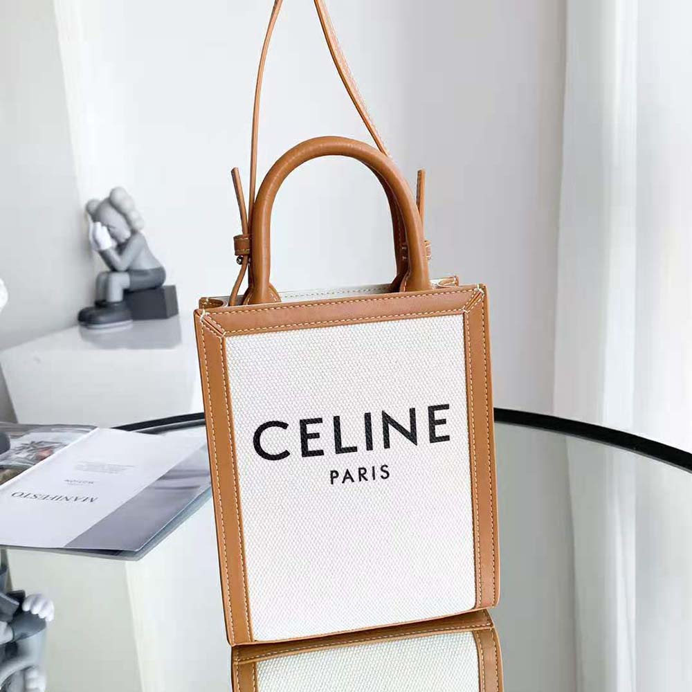 Close-up of gold-tone hardware and Celine print on Mini Vertical Cabas