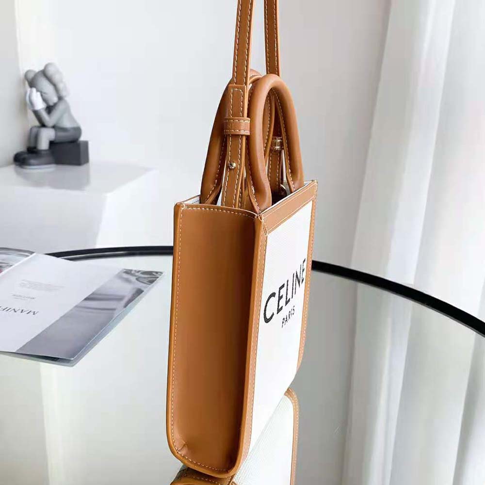 Celine Women Mini Vertical Cabas Celine in Textile with Celine Print and Calfskin-White - image 5